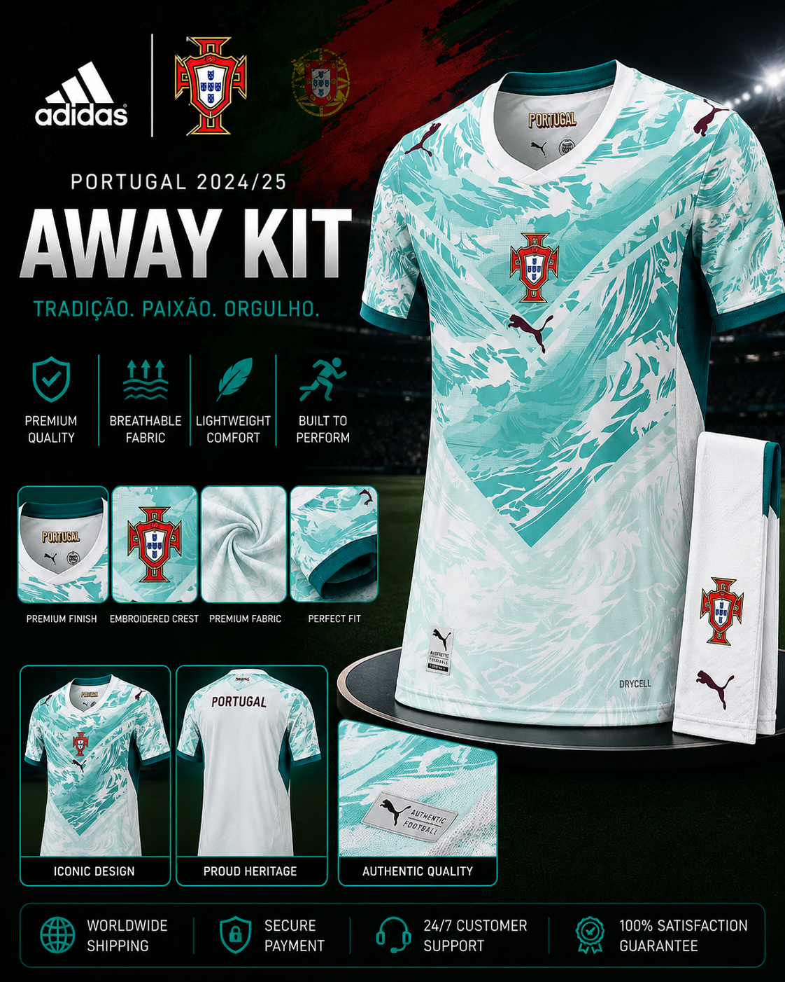Portugal Away Jersey 2024/25 – Fan Version (Mint Green & White)