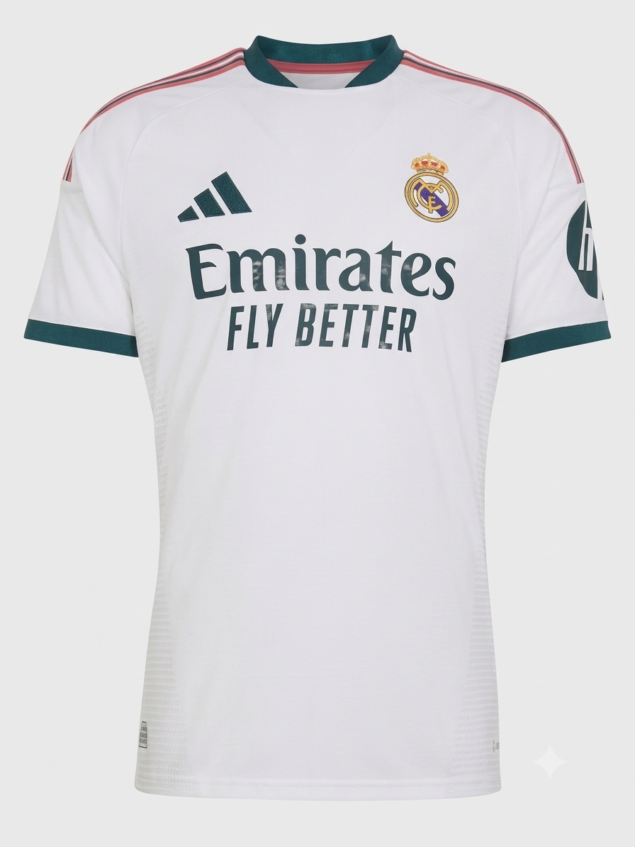Real Madrid Home Jersey - White with Dark Teal & Coral Accents