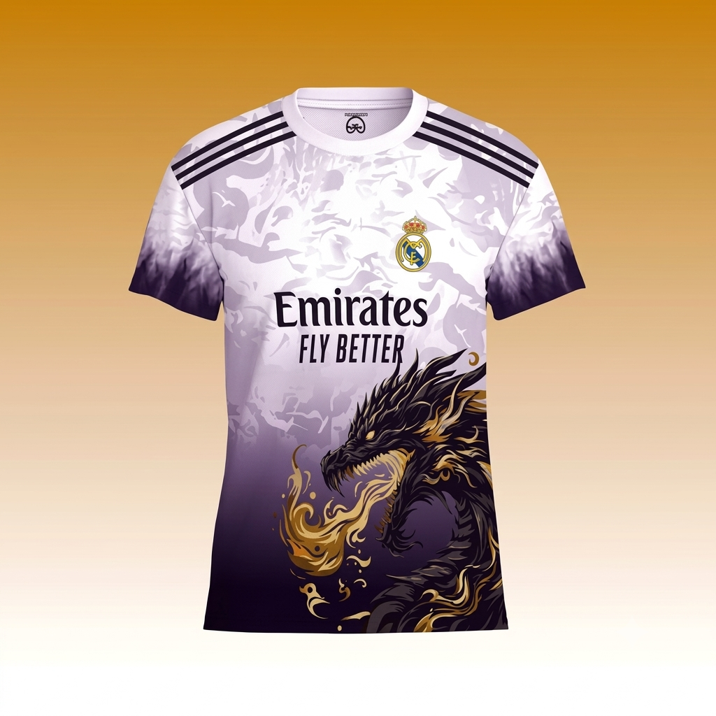 Custom Real Madrid Gold Fire Dragon Edition Jersey - Purple & White Gradient
